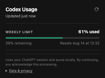 Codex Usage popup showing a weekly limit, remaining quota, reset time, and the last successful update